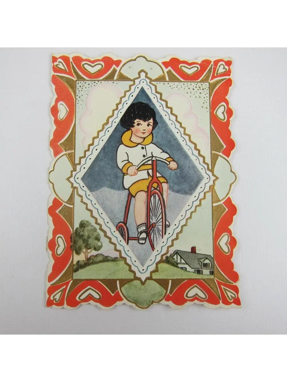 Vintage Valentine Card Die cut Bifold Boy Rides Red Tricycle Bike Heart Embossed